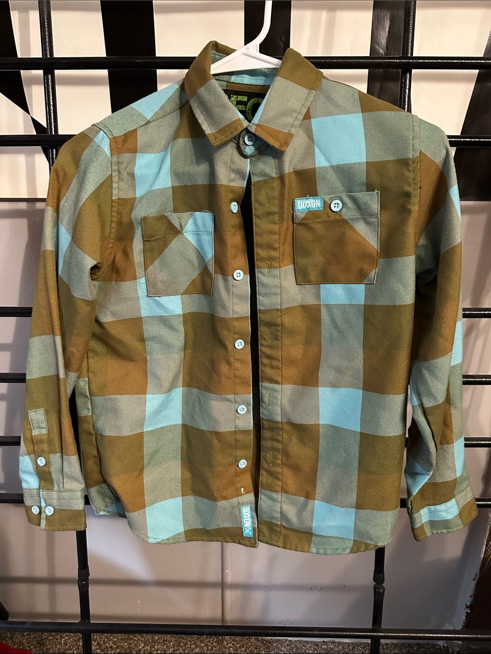 DIXXON Boys Long Sleeve Plaid Shirt in Olive Green and Light Blue